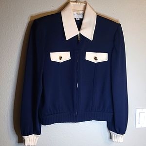 St John Collection by Marie Gray Knit Jacket, dark blue & cream, size S. Vintage